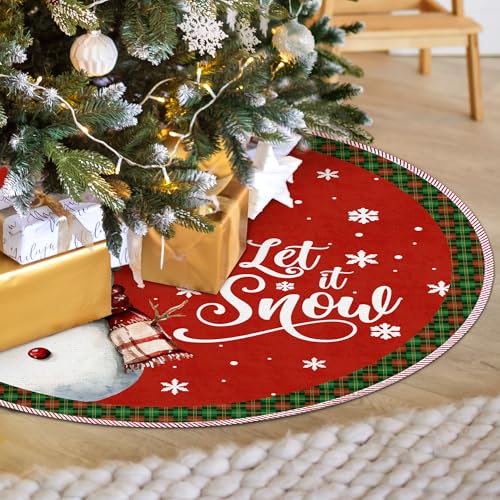 Red Snowman Christmas Tree Skirt, Snow Tree Skirt, Xmas Red and Green Buffalo Plaid Christmas Tree Mat Ornaments for Winter New Year Home Party Holiday Indoor Outdoor Decor, 36 Inch - color: Snowman