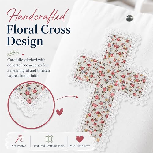 Christian Tote Bag Gift for Women, Canvas Bible Bag Handmade Floral Cross - color: White-pink Mini Roses
