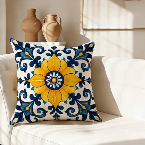 Classic Portuguese Throw Pillow Cover,Yellow and Blue Mediterranean Floral Tile Decorative Pillow Case,Ornate Bohemian Cotton Linen Cushion Case for Home Decor 18 * 18 Inch - color: Settype10