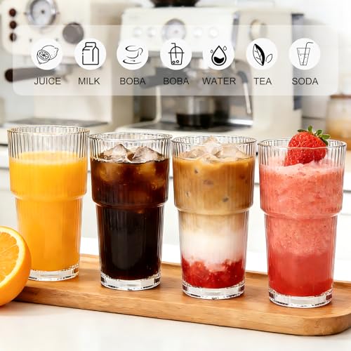Accguan 2Pack 20oz Ribbed Glass Tumblers with Lids and Straws, Smoothie Cup - size: 18oz without handle-2pcs