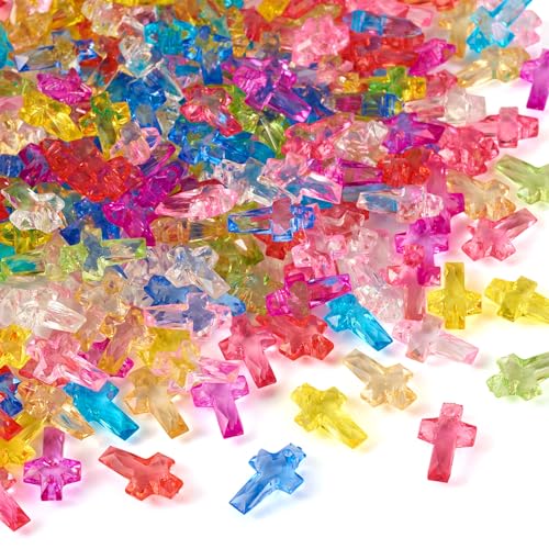 FASHEWELRY 300pcs Clear Acrylic Cross Beads Candy Color Cross Loose Beads Transparent Crosses Spacer Beads Easter Crucifix Loose Beads for Jewelry Making - color: Cross-10 Colors
