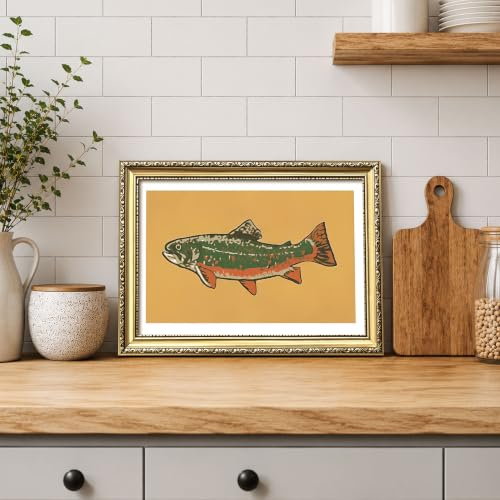 Vintage Gold Framed Trout Canvas Wall Art, Kitchen Fish Wall Decor Oil Painting, Farmhouse Decor Artwork Print Picture Poster, for Living Room Bedroom Dining Room 12x16 Inch - color: B-Fish, size: 16"L x 12"W