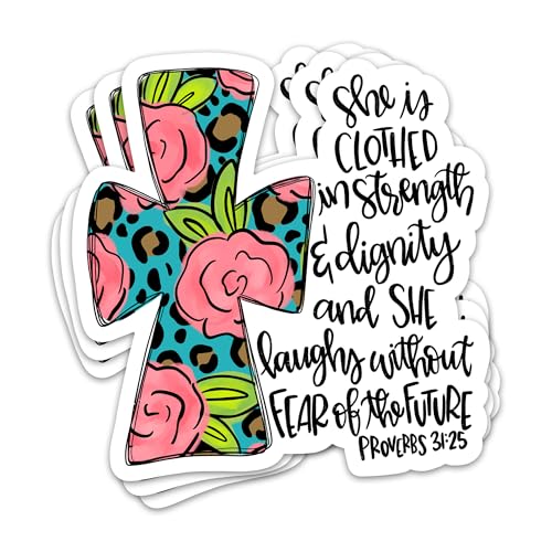 3PCs She Is Clothed In Strength And Dignity Sticker Floral Cross Christian Bible Sticker Religious God Faith Catholic Waterproof Vinyl Stickers For Laptop Water Bottle Decals Gifts For Women Men 3"x3"