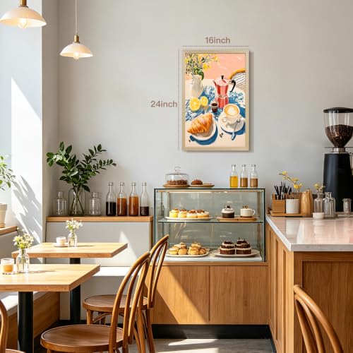 OPFDE Wood Framed Coffee Bar Wall Art, Vintage Cafe Still Life Wall Decor, Cozy Italian Breakfast Espresso Poster Print, Croissant Lemon Floral Artwork for Kitchen Dining Room Living Room 16x24 Inch - color: BreadCoffee, size: 24"L x 16"W