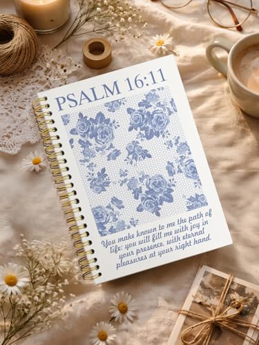 Blue Floral Christian Notebook Journal, Christian Gifts for Women, Psalm 16:11 Bible Verse Notebooks for Work, Prayer Religious Rose Flower Hardcover Spiral Notebook Journal 5.5x8.3 - color: PSALM 16:11