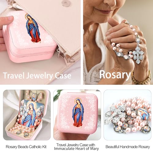 Catholic Rosary Necklace for Women with 8MM Glass Pearl Beads - Our Lady of Lourdes & Immaculate Heart of Mary Jewelry Gift, Travel Case, First Communion - color: Immaculate Heart-Pink
