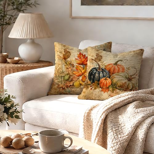 Farmhouse Fall Maple Leaf Pumpkin Throw Pillow Covers 18x18 Set of 2 - color: Pumpkin-7