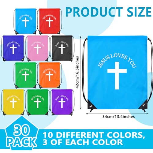 Draupnir Jesus Loves You Drawstring Backpack Bulk Church School Easter Religious Gift Bag Bible Bag Polyester Backpack for Christian Religion Gift(30 Pcs,Cross)