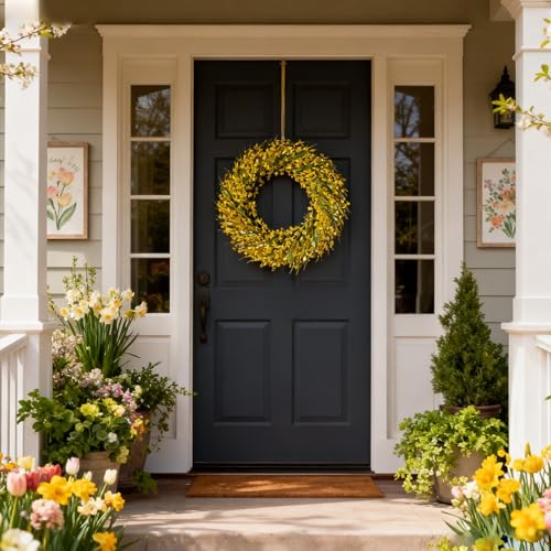 26 Inch Spring Wreaths for Front Door, Large Artificial Forsythia Flowers Wreath, Spring Summer Floral Wreath All Season for Home, Wall, Window, Porch, Wedding, Farmhouse Decor (Yellow) - color: Yellow