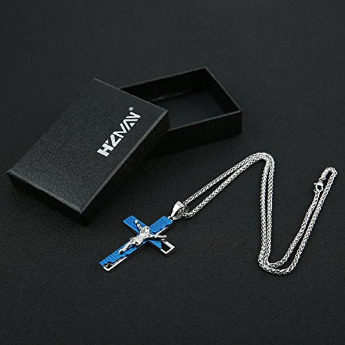 HZMAN Men's Stainless Steel Cross Crucifix Bible Prayer Pendant Necklace - color: Blue