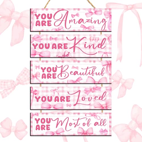 Pink Bows Wall Art Wooden Inspirational Girls Bedroom Signs Aesthetic Decor - color: Pink You Are Quotes
