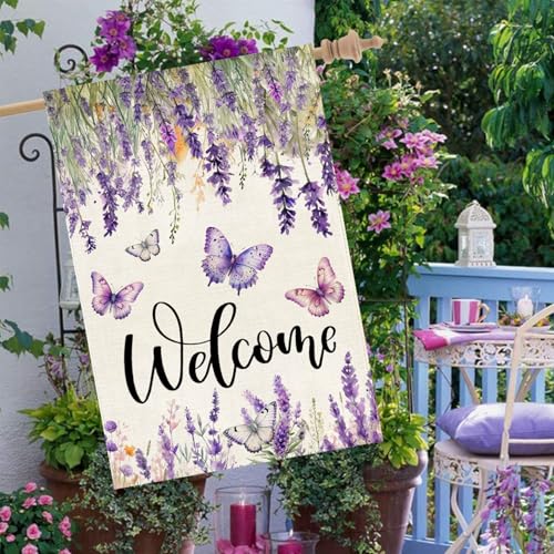 Baccessor Spring Summer Flower House Flag Lavender Butterfly Floral Welcome Yard Burlap Double Sided Vertical Seasonal Farmhouse Wedding Yard Outdoor Decoration 28x40 Inch(large) - color: Spring Summer Flower, size: House Size(28 x 40 Inch)