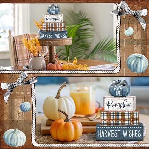 Britimes Fall Farmhouse Tiered Tray Decor Set, 4 Pack, Wooden - color: Blue Pumpkin