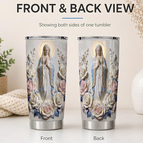 Virgin Mary Blue Rose Statue Art 20oz Tumbler, Virgin Mary Tumbler for Daily Drinkware, Halo Floral Frame Illustration, Catholic Devotional Cup, Religious Design for Women Men Use - color: Virgin Mary 1