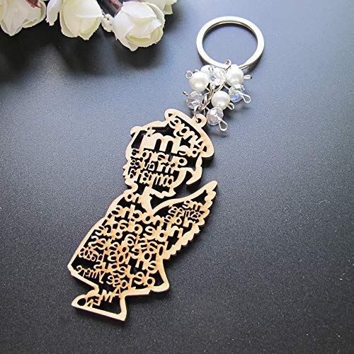 12 Pcs Baptism Wooden Keychain Angel Design Favors with Organza Bags