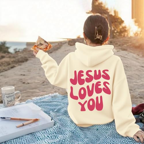 Christian Jesus Loves You Hoodie For Teen Girls Cute Graphic Hoodies Kids Bible Verse Faith Sweatshirt God Pullover - color: Apricot, size: 11-12 Years