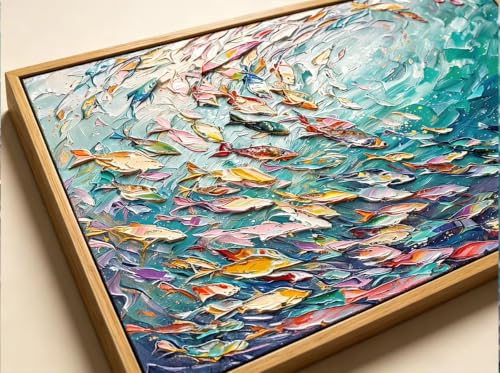 KIRFOLUC Abstract Ocean Wall Art, Large Framed Textured Print Painting - color: Fish, size: 32"L x 16"W