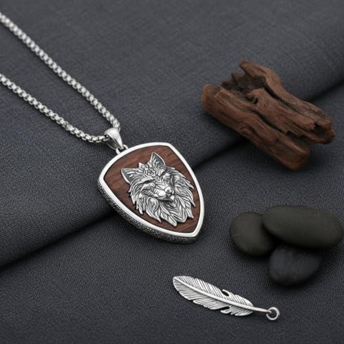 ONEFINITY Wooden Necklace Viking Wolf/St Benedict Medals/St Michael/Crucifix/St Christopher Pendant Necklace for Men Archangel Amulet Wooden Religious Jewelry Gifts for Men Women - style: Viking Wolf