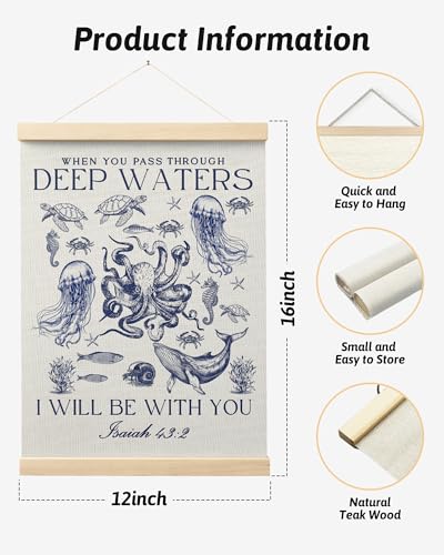 FGFK Vintage Navy Blue Christian Ocean Wall Art Poster Hanger Frame, Coastal Beach Isaiah 43:2 Bible Verse Religious Canvas Prints Framed Wall Decor for Home Office, 12x16 Inch - color: Navy Blue Christian Ocean