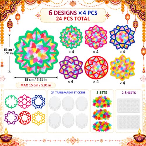 Cinrobiye 24 Sets Mandala Suncatcher Craft Kit, DIY Diwali Window Tissue Paper Art for Festival of Lights, Colorful Hanging Window Decorations for Indian Temple Sunday School Classroom Activities - style: Mandala