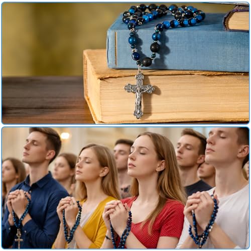 Huwena Rosary Beads Catholic for Men Blue Necklace Tiger Eye Beads with Medal Cross Prayer Crucifix Handmade Gift Supplies for Men Women 20.87 in Our Lady of Grace Rosary Cross Necklace Catholic Gifts
