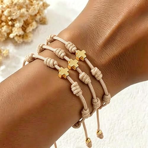 7 Knots Protection Good Luck Red String Rope Gold Cross Bracelet for Women Men, 3Pcs stack Evil Eye Handmade Amulet Adjustable Jewelry, God Christ Pray Friendship Gift - color: Khaki Cross