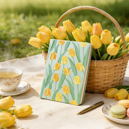Tulip Gifts, Floral Journal, Cute Notebook, Embroidered Flower Cover, A5, Lined Paper, Wide Ruled, Hardcover, Lay Flat, Journal for Women, Pretty, Garden Journal, Tulips - color: Flower-Tulip