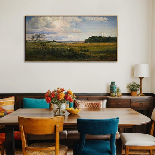 Large Vintage Landscape Wall Art, Framed Farmhouse Decor, 20x40 Inch - color: Field Meadow