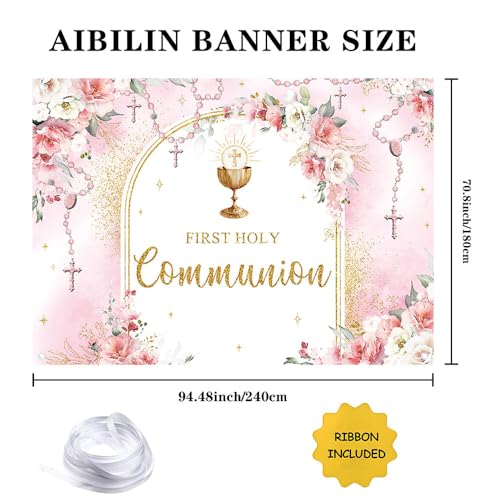 AIBIIN 8x6ft First Holy Communion Backdrop for Girl Mi Primera Comunión Party Decorations Pink and Elegant Floral Party Banner Flower Garland Dove Bible God Bless Party Photo Props - color: Pink, size: 8x6ft
