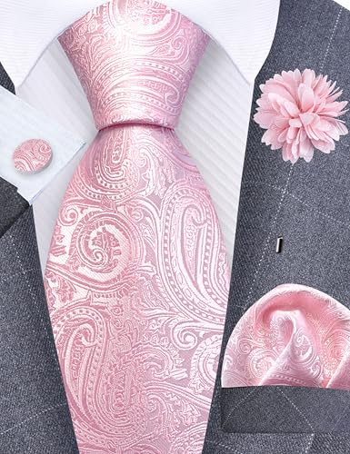 GUSLESON 3.15"(8cm) Mens Tie and Lapel Pin Paisley Necktie Hankerchief Cufflinks Set for Men - color: Light Pink