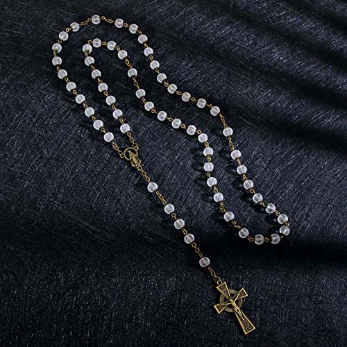 KOMI Rosary Beads Catholic for Women Gemstone Rosary Beads Necklace with Crucifix Cross Crystal Pearl Rosary Rosarios Catolicos Catholic Gifts - style: 8mm White Glass Beads