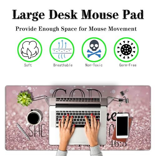 Gaming Mouse Pad Pink Desk Pad, XXL Mouse Pads Desk Decor for Girls Keyboard Pad, Oversized Mouse Pad Non-Slip Rubber Base, 35.4 X 15.7 in for Work/Game/Office She Will Not Fall- Bible Verse - color: Bible Verse Shiny