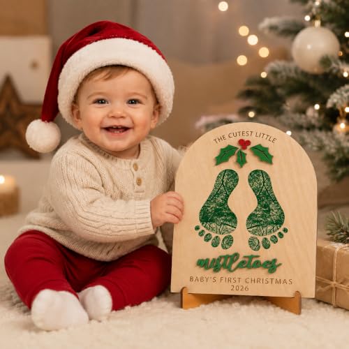 The Cutest Little Mistletoes Art, Personalized Babys First Christmas 2026, Nursery Footprint Decorative for Baby Shower Newborn Photoshoot Prop, Family Gifts, Wooden Foots Hands Down Sign Decoration - color: Xmas FootPrint