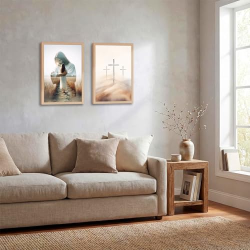 2pcs Framed Christian Wall Art Jesus Embracing Woman & Three Crosses12x16in - color: Jesus Woman Cross, size: 12x16in