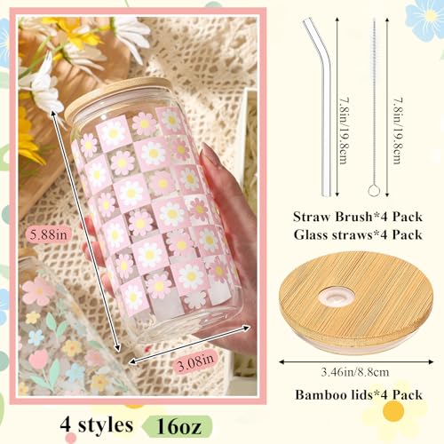 Mumufy 4 Pack Pastel Flower Glass Cup, 16 oz Tumbler Mug with Bamboo Lid - style: Pastel Flower