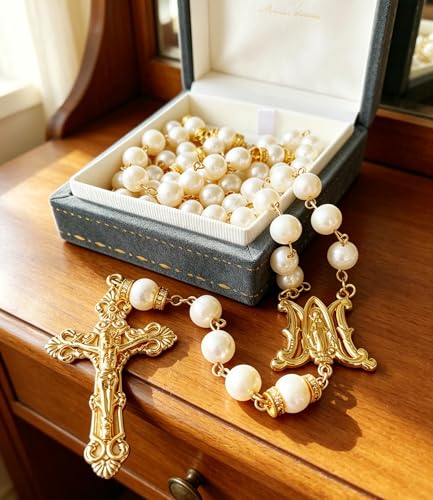 Soul Redeemer Handmade 14K Gold Plated AAA 8mm Freshwater Pearl Catholic Rosary Necklace with Crucifix, Religious Catholic Gift for Men & Women