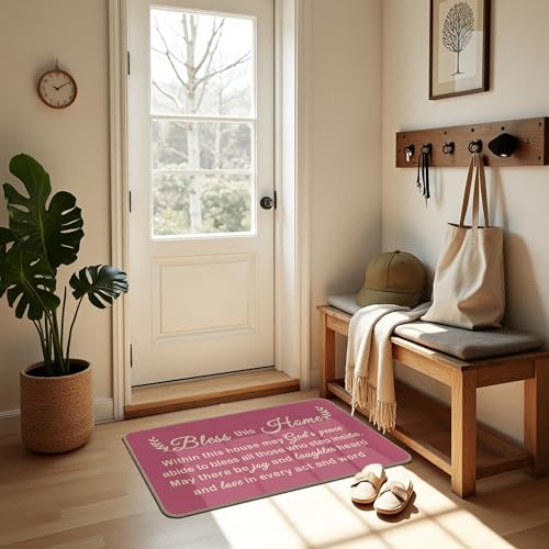 Bless This Home Decorative Indoor Outdoor Doormat,House Warming Gifts Front Door Mat 17x30 Inch Religious Decoration Welcome Mat - for Home Entrance, Outside Entry, Yard, Floor, Patio(Pink) - color: 17 Doormat 4