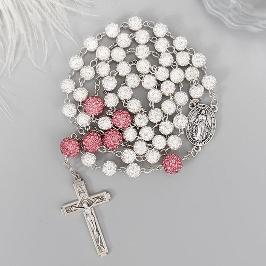 Nazareth Store Rhinestones Crystal Beads Rosary, Catholic Rosary Necklace with Silver Miraculous Medal INRI Crucifix, Multicolor Rosaries in a Gift Case - color: White with Pink Beads