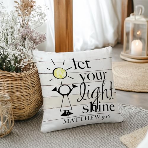 Bible Verse Pillow Covers 18x18, Inspirational Let Your Light Shine Decorative Throw Pillow Covers for Garden Yard Living Room Farmhouse Coffee Bar Office Decor