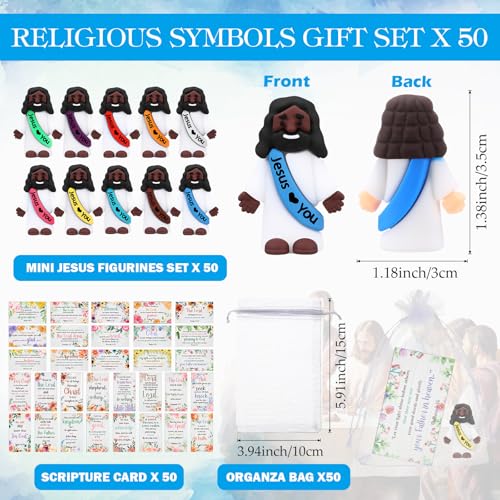 Bememo 50 Sets Christian Gifts Bulk Bible Verse Cards Include Little Jesus Figures Prayer Cards and Organza Bags for Religious Party Favors Sunday Baptism Gifts(Flower Style,Dark) - color: Dark, style: Flower Style