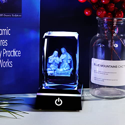 YWHL 3D Crystal Nativity Scene Figurines with Colorful Base Laser Engraved Holy Family Statues for Religious Gifts for Women Men on Christmas Christian Catholic Church Collectible Keepsakes - color: Nativity Set