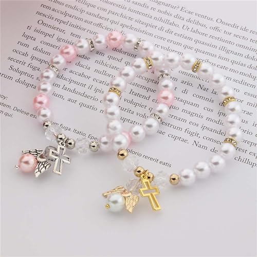 Pearl Cross Bracelet for Women Dainty Charm Hollow Cross Angel Pendant Bracelet Hanmade Elastic force Adjustable Christian Bracelet Religious Beaded Bracelets Catholic First 1st Communion Easter Gifts - color: pink
