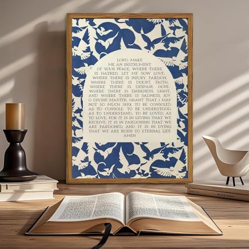 Christian Lords Prayer Wall Art Jesus Bible Verse Wall Decor Painting, Mid Century Francis Scripture Poster Canvas Prints Blue Religious Quotes Room Artwork 16x24 inch Wood Framed - color: Jesus-D, size: 24"L x 16"W