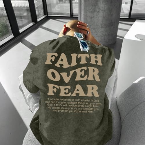 Christian Shirts for Men Faith Over Fear Oversized Tees - color: Army Green, size: 3X-Large