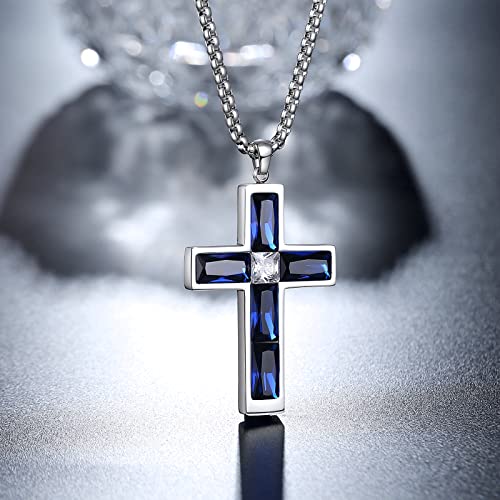 Cross Necklace for Men 316L Stainless Steel Birthstone Pendant - color: Sapphire Blue-S