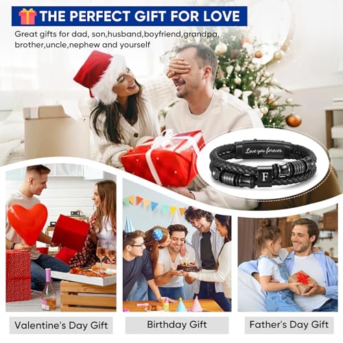 Initial Leather Bracelets for Men, Double-Row Braided Adjustable Wristband - color: Initial F