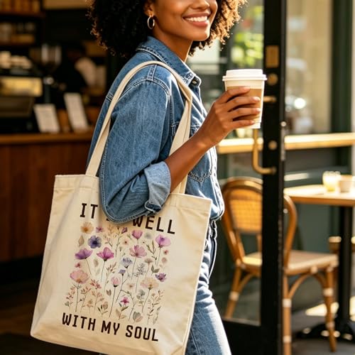 Motivation Canvas Tote Bag for Women Shopping Work Travel with Inner Pocket - color: Beige 05
