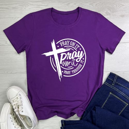 LOOKFACE Womens Pray Graphic Tees Cute Tops - color: Purple, size: X-Large