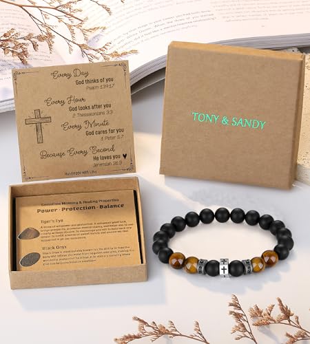 TONY & SANDY Christian Gift for Him Kids Teen Boys Adults Men Cross Bracelet Son Grandson Birthday Graduation Easter Religious Gifts for Men Christmas - style: Christian Men ( 8 Inches )