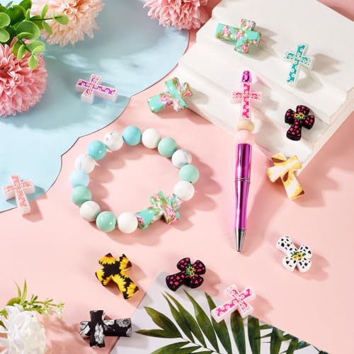 Beadthoven 20Pcs Cross Silicone Focal Beads Cow Flower Printed Silicone Beads for Pens Colorful Easter Jesus Crucifix Cross Shaped Rubber Spacers for Keychain Jewelry Making DIY Crafts - color: Mix Cross 10 Styles